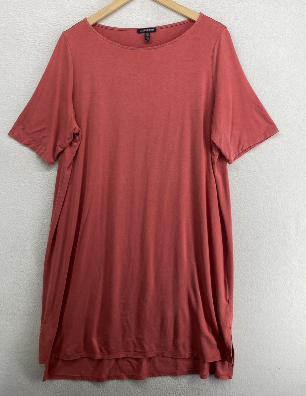 EILEEN FISHER Dress XL Tencel Jersey Tunic Boatneck Short Sleeve Chutney Red USA